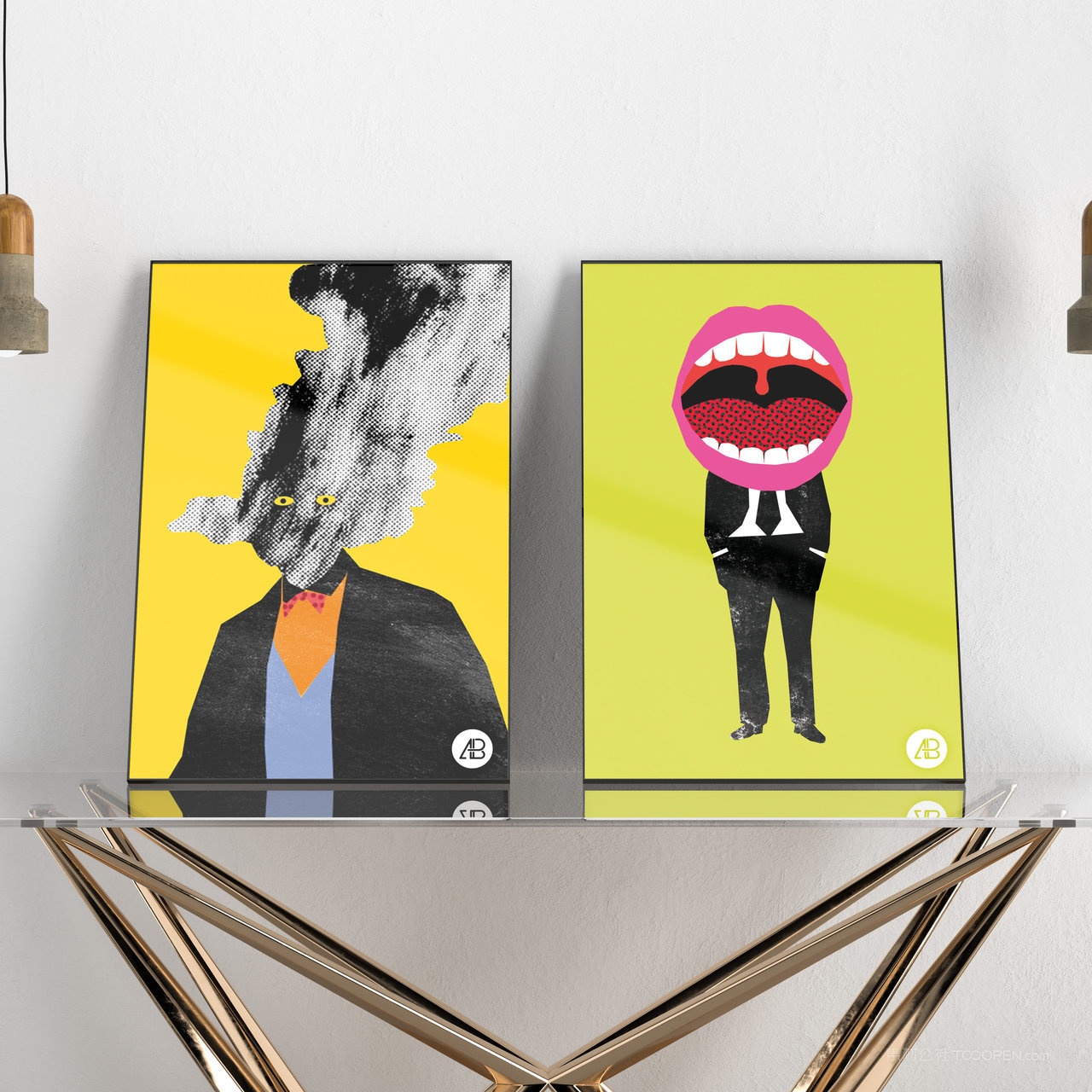 玻璃桌上的装饰画画框贴图样机