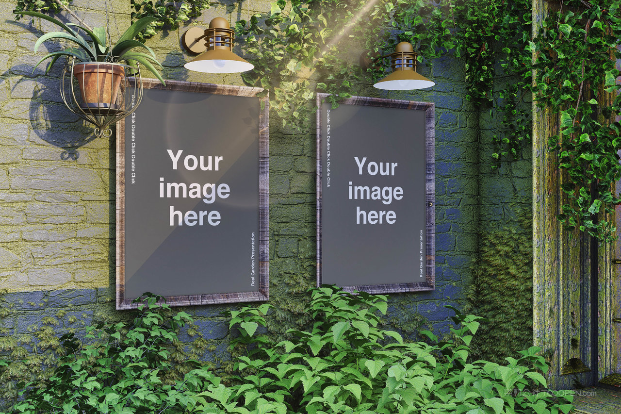 植物墙背景复古木框样机