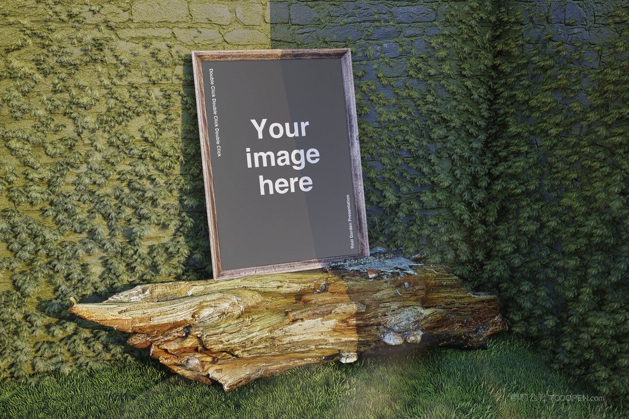 植物墙背景复古木框样机