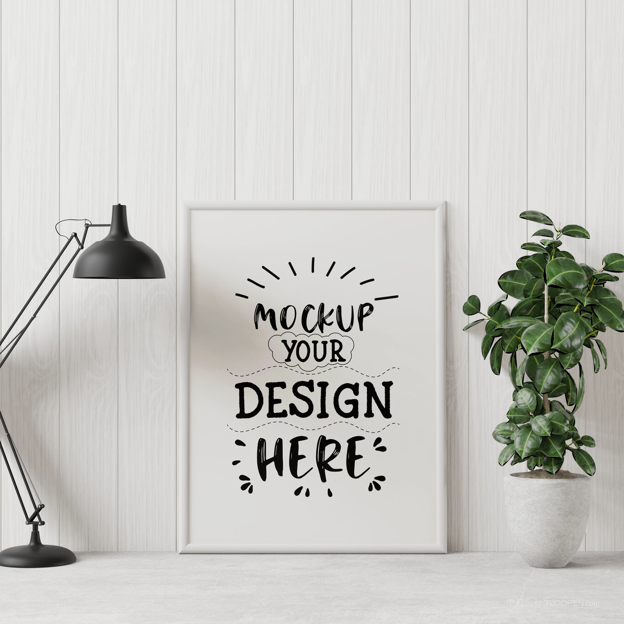 绿植靠在墙上的装饰画画框贴图样机