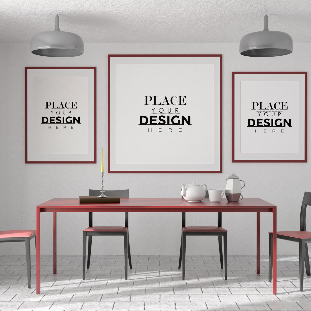 一组餐厅背景墙装饰画画框贴图样机