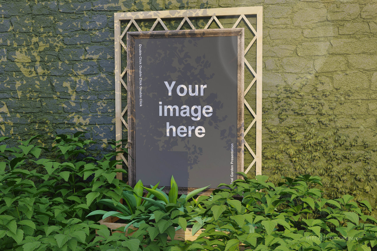 植物墙背景复古木框样机