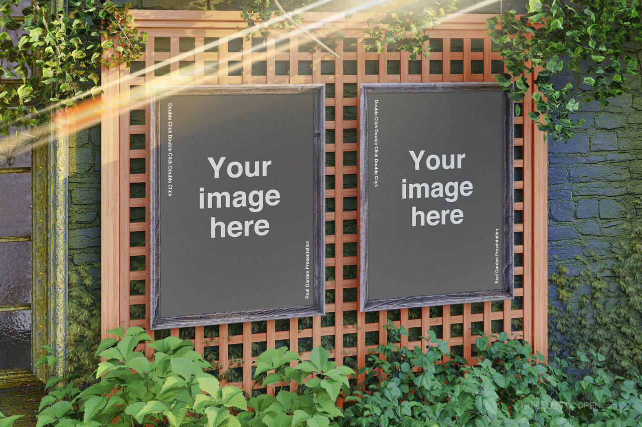 植物墙背景复古木框样机