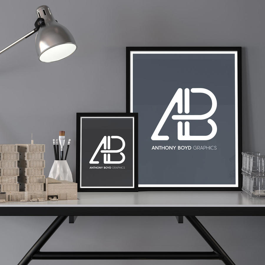 简约书桌和画框相框样机素材