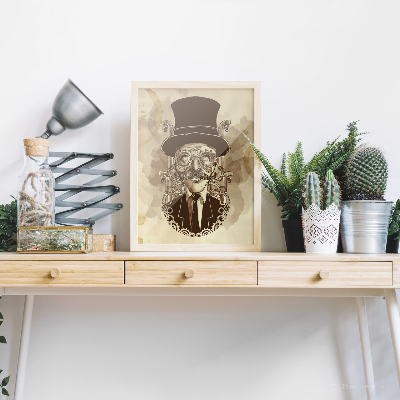 木桌上的相框画框贴图样机